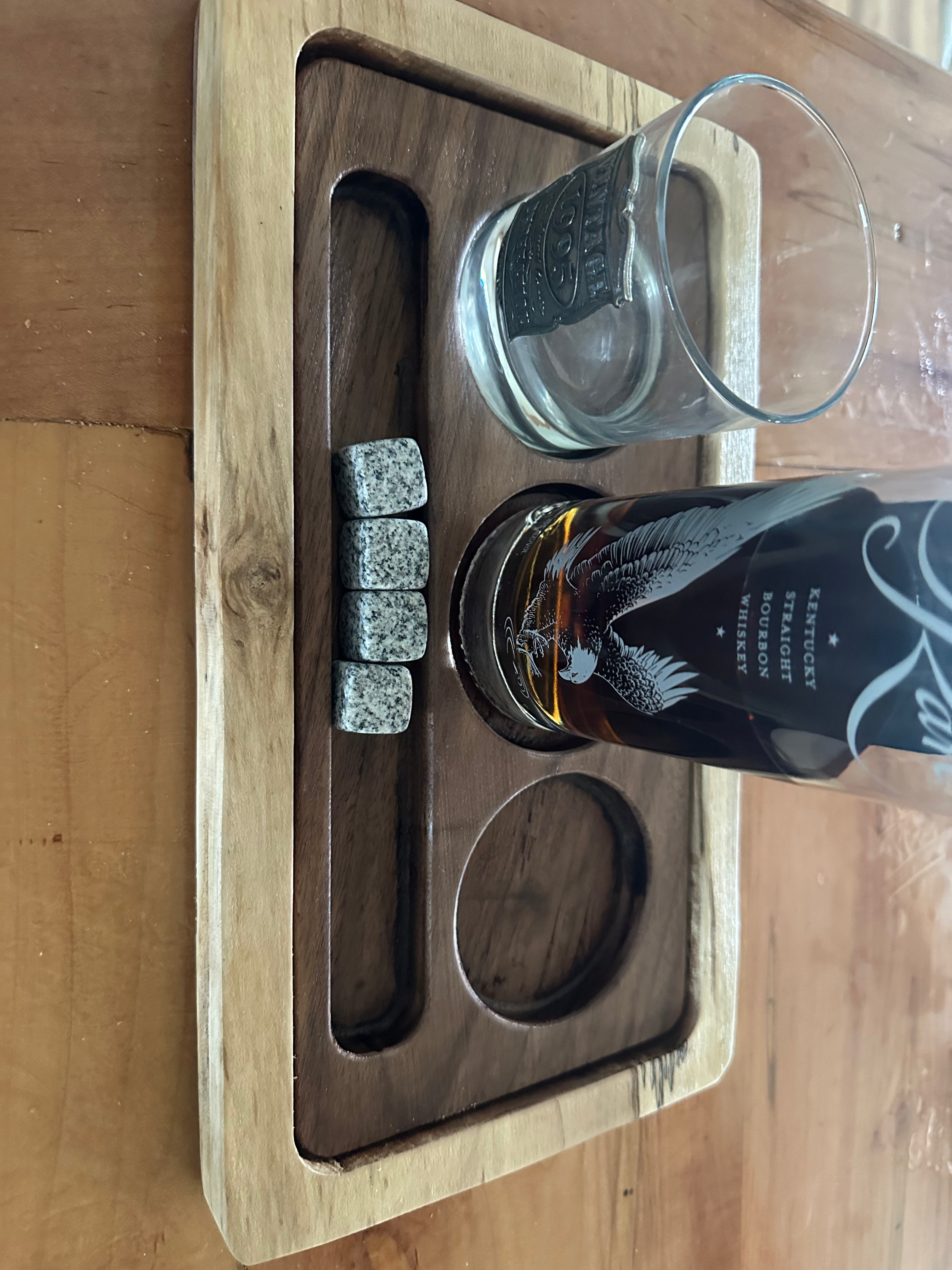 Handcrafted Walnut & Maple Whiskey Flight Tray | Bourbon Tasting Board with Glass Holders & Stone Storage