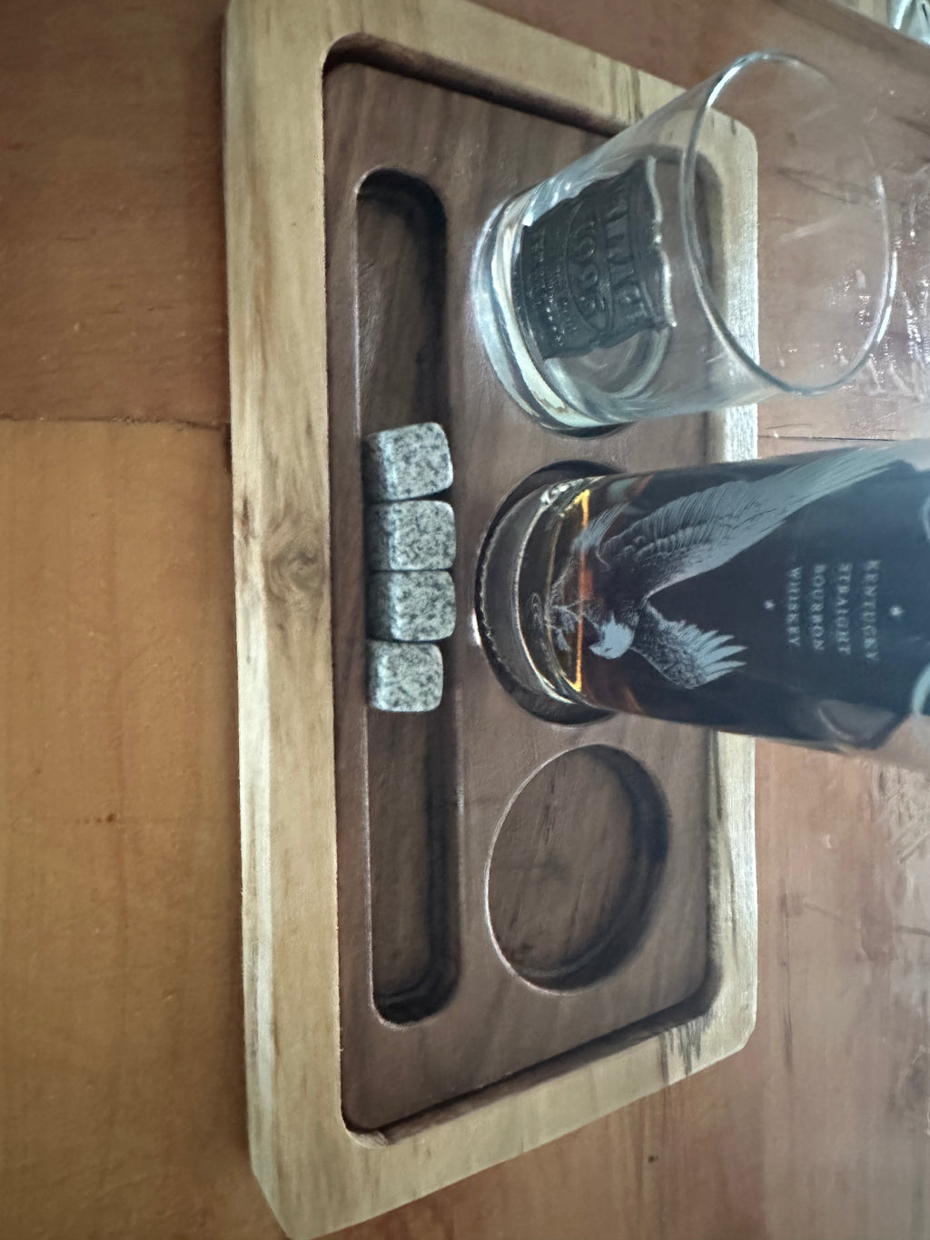 Handcrafted Walnut & Maple Whiskey Flight Tray | Bourbon Tasting Board with Glass Holders & Stone Storage