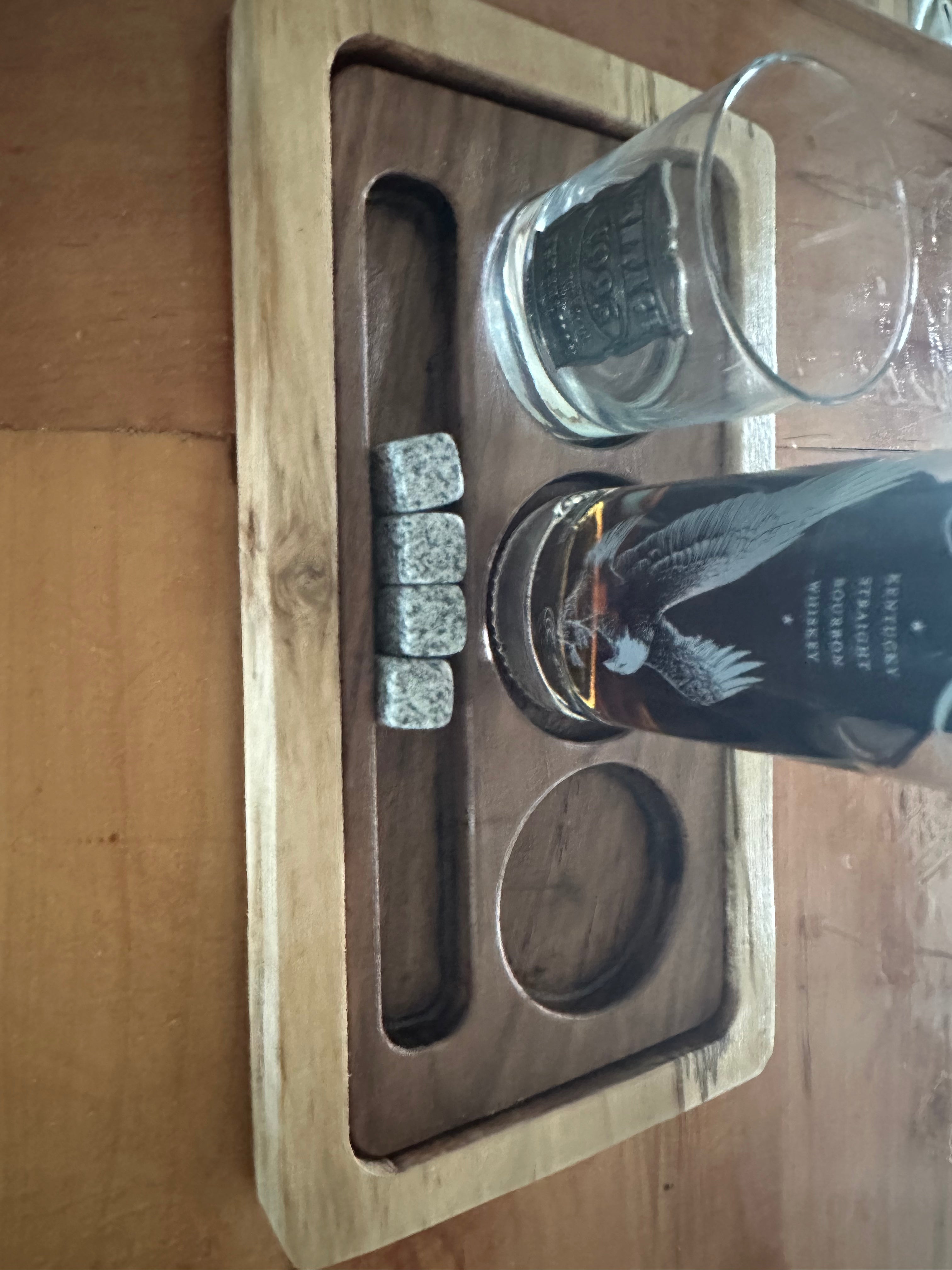 Handcrafted Walnut & Maple Whiskey Flight Tray | Bourbon Tasting Board with Glass Holders & Stone Storage