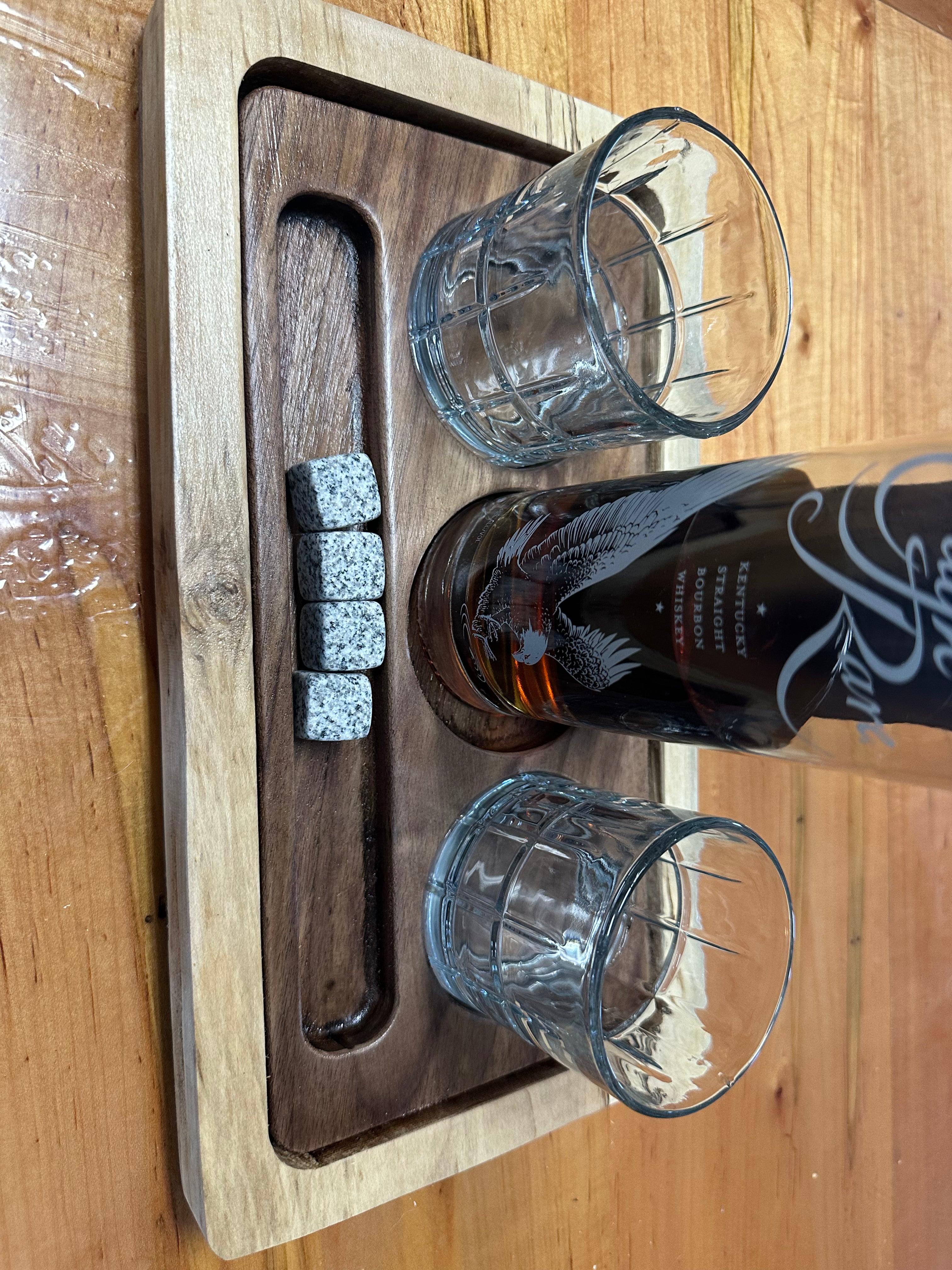 Handcrafted Walnut & Maple Whiskey Flight Tray | Bourbon Tasting Board with Glass Holders & Stone Storage