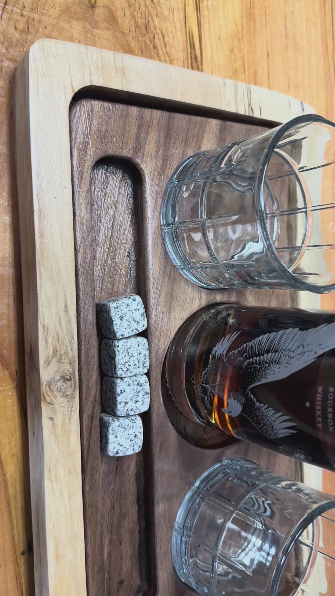 Handcrafted Walnut & Maple Whiskey Flight Tray | Bourbon Tasting Board with Glass Holders & Stone Storage